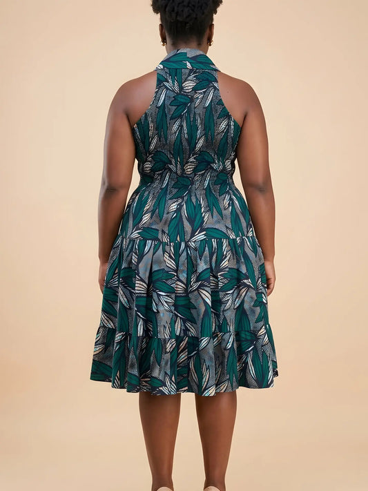 African Smocked Waist Fit and Flare Midi Dress