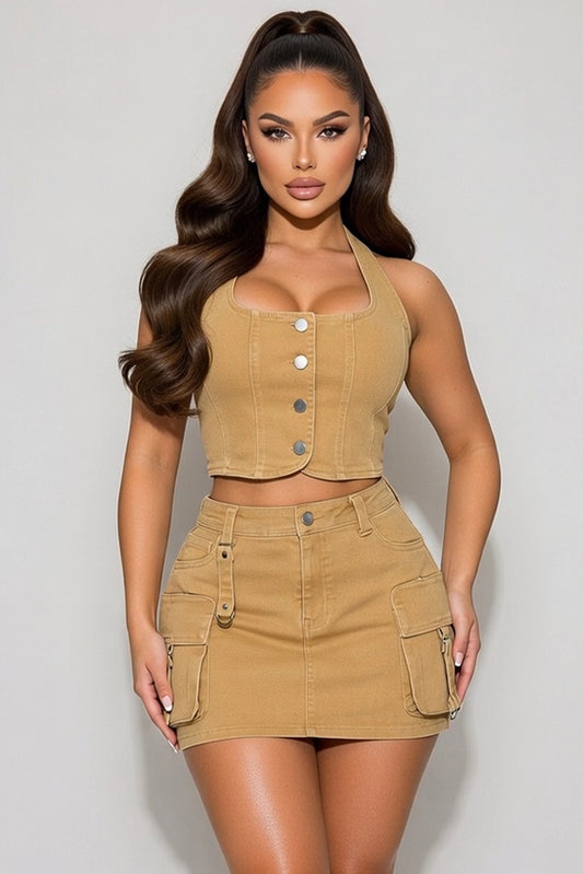 Halter Neck Denim Top and Cargo Mini Skirt Set
