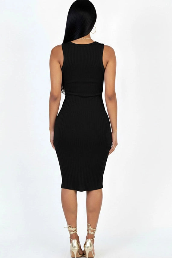 Casual Ribbed Split Neck Bodycon Dress