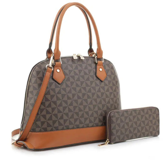 Geometric Monogram Designer Dome Satchel with matching Wallet