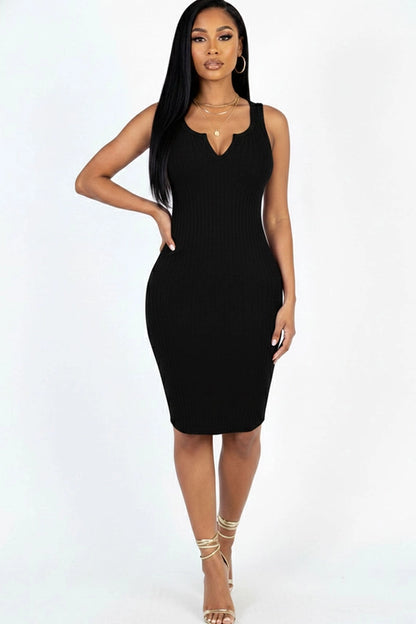Casual Ribbed Split Neck Bodycon Dress