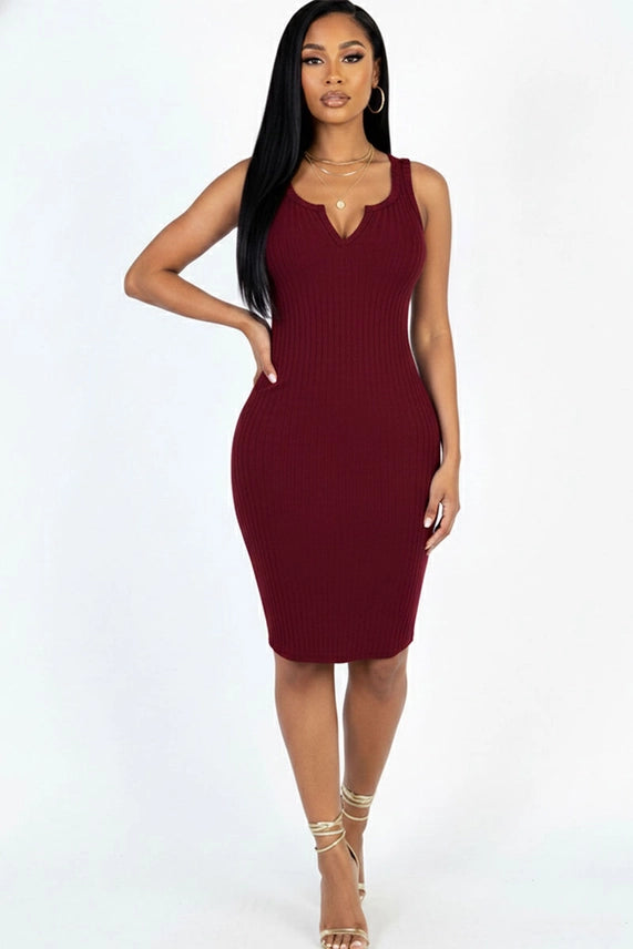 Casual Ribbed Split Neck Bodycon Dress