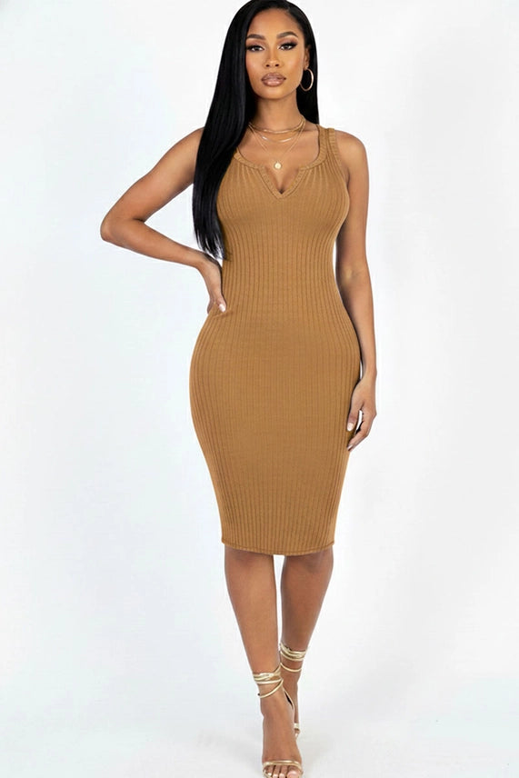 Casual Ribbed Split Neck Bodycon Dress