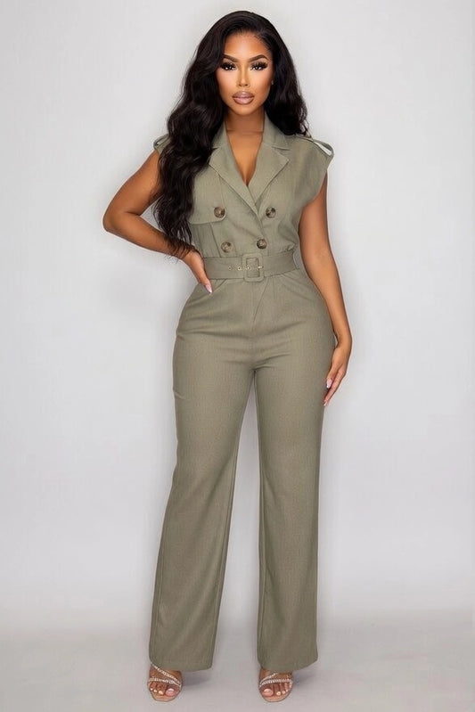 Double Breasted Notch Belted Jumpsuit